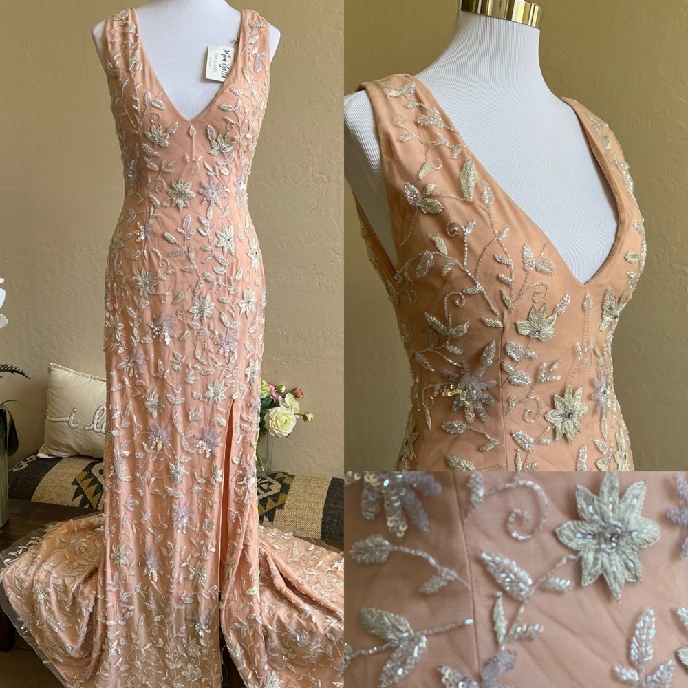 Mia Bella “Adriana” $399 Peach Floral Embroidered Embellished Gown